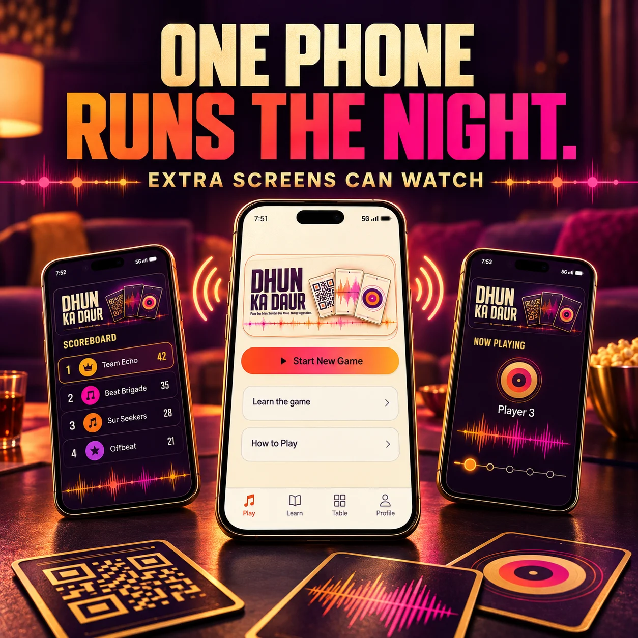 DHUN KA DAUR campaign artwork showing one host phone and two same-room viewer screens